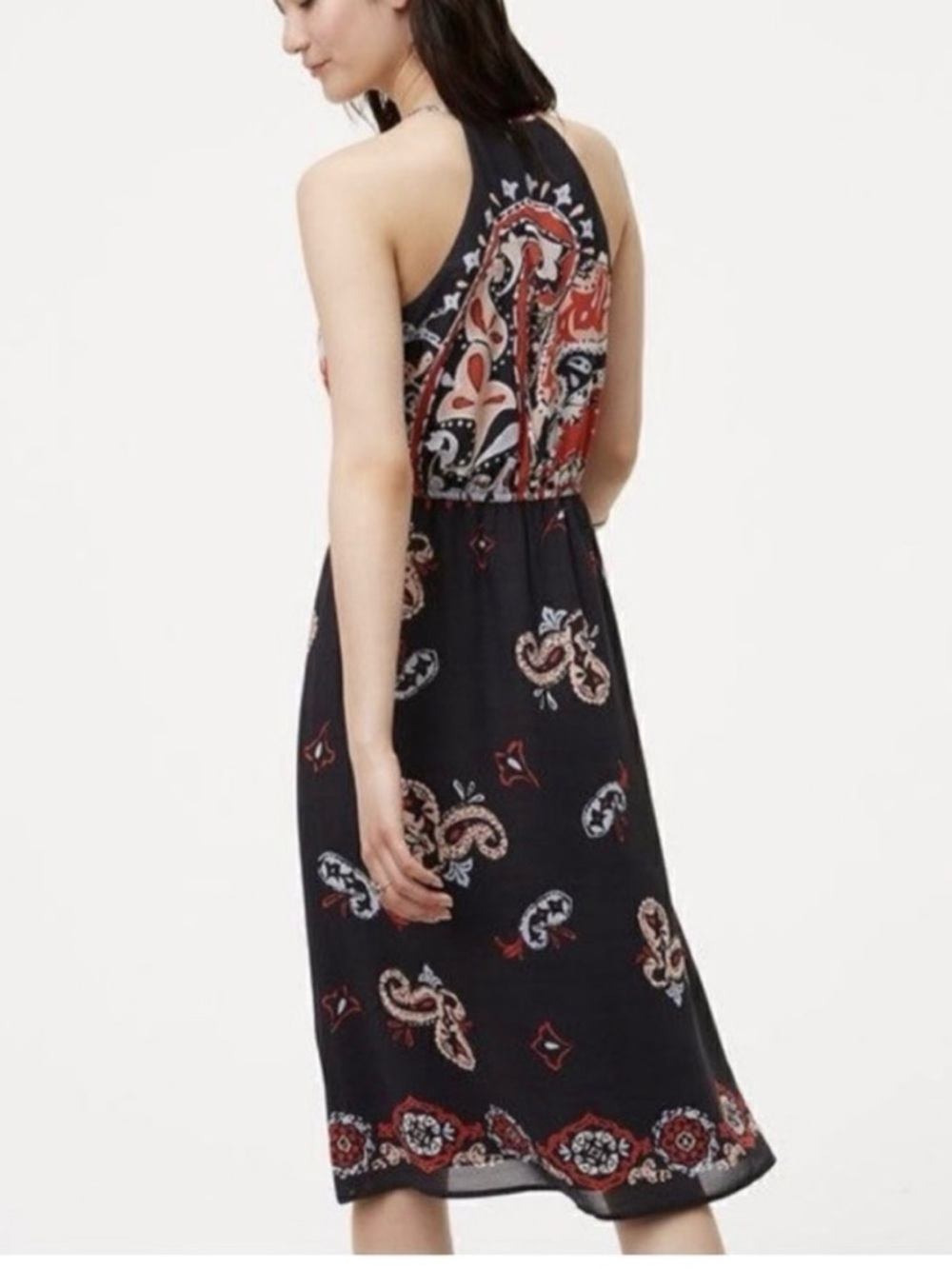 LOFT Black Red and Cream Paisley Halter Midi Dress - Picture 3 of 9